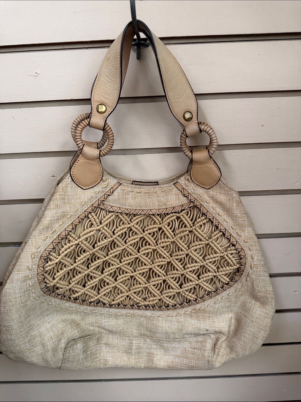 Beige Macramé Hobo Bag with Braided Ring Handles